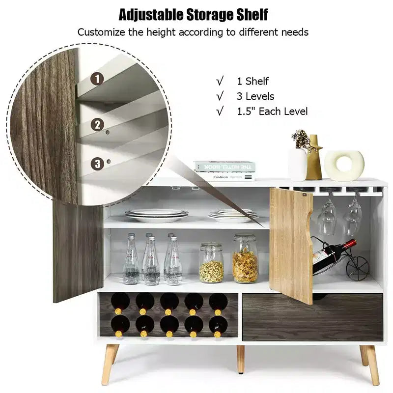 Buffet de cuisine Costway style Mid-Century avec meuble de rangement en bois, porte-bouteilles et porte-verres