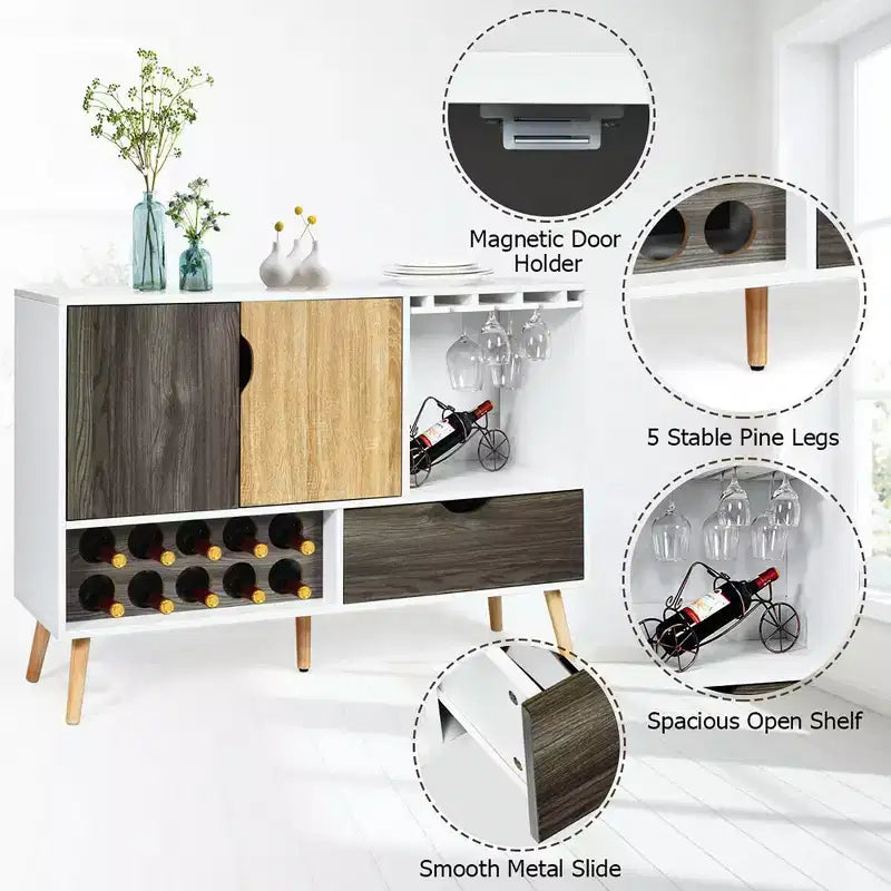 Buffet de cuisine Costway style Mid-Century avec meuble de rangement en bois, porte-bouteilles et porte-verres