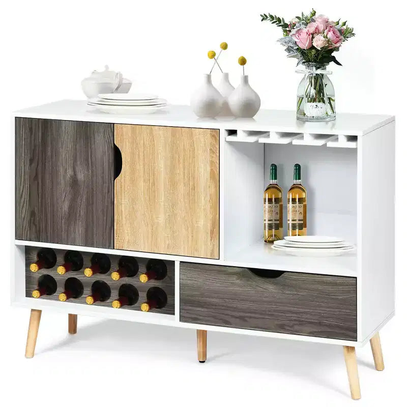 Buffet de cuisine Costway style Mid-Century avec meuble de rangement en bois, porte-bouteilles et porte-verres