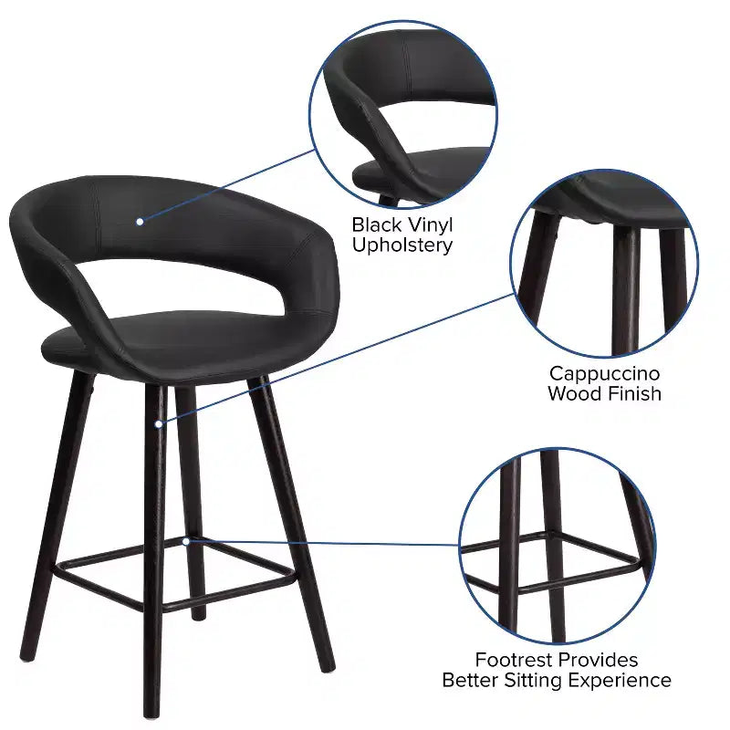 Tabouret de bar ultra-moderne Merrick Lane 24 pouces en bois avec siège rembourré noir