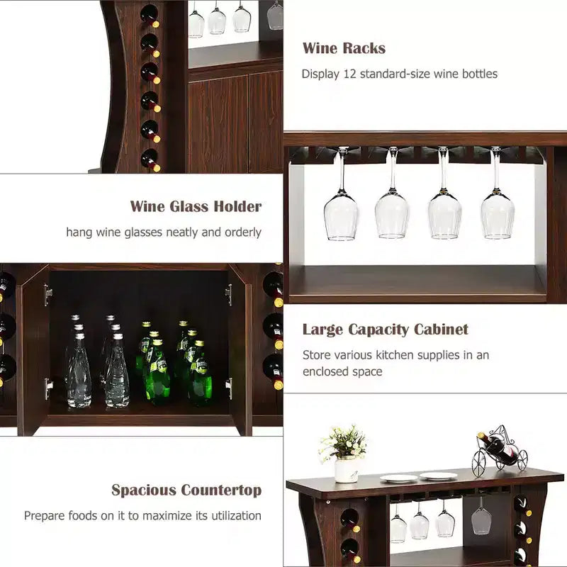 Costway Buffet roulant en bois avec porte-bouteilles et porte-verres
