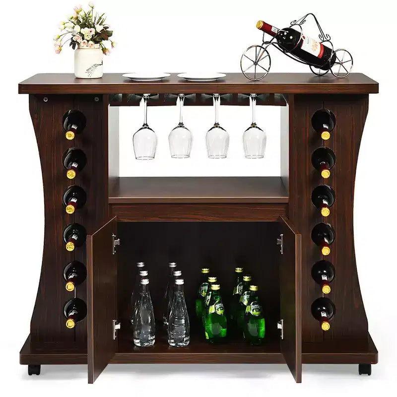 Costway Buffet roulant en bois avec porte-bouteilles et porte-verres