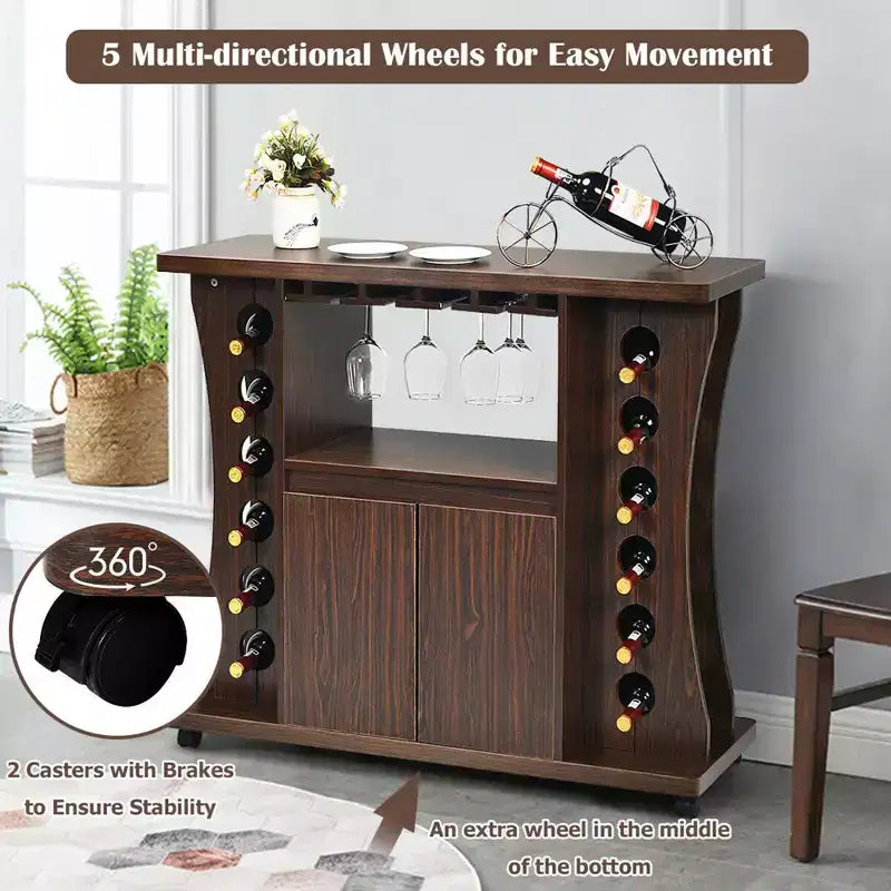 Costway Buffet roulant en bois avec porte-bouteilles et porte-verres