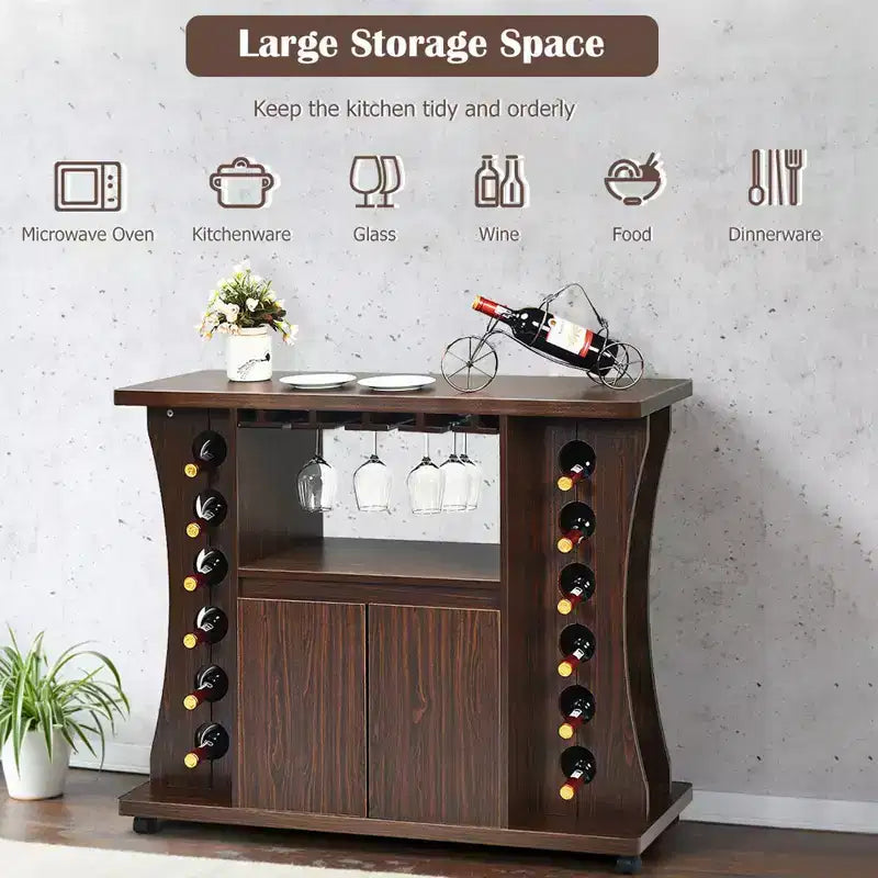 Costway Buffet roulant en bois avec porte-bouteilles et porte-verres