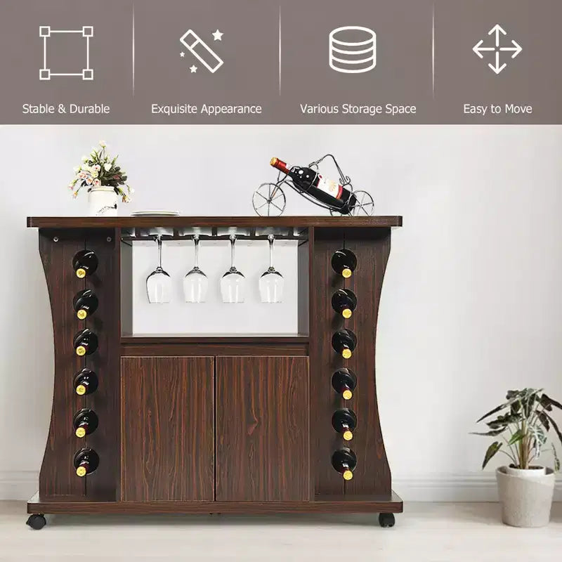 Costway Buffet roulant en bois avec porte-bouteilles et porte-verres