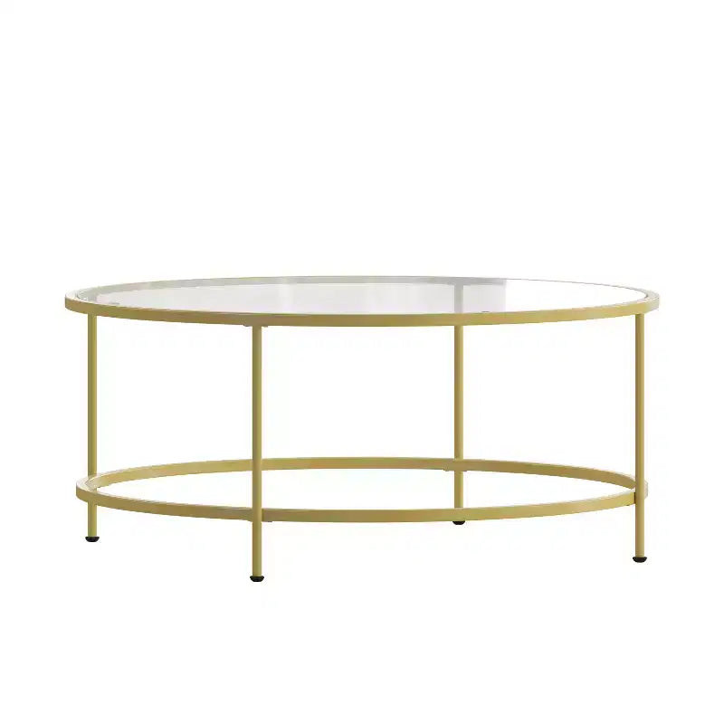 Table basse en verre Newbury Merrick Lane avec cadre rond doré mat et pieds verticaux