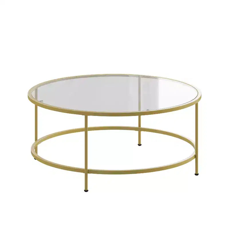 Table basse en verre Newbury Merrick Lane avec cadre rond doré mat et pieds verticaux