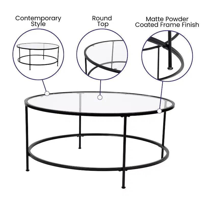 Table basse en verre Newbury Merrick Lane avec cadre rond doré mat et pieds verticaux