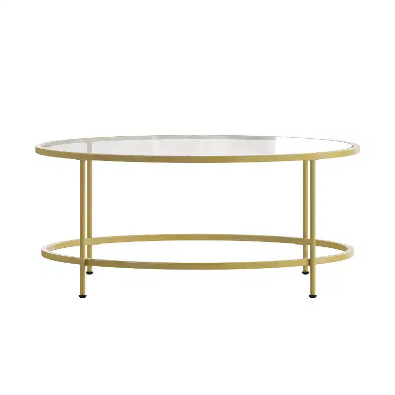 Table basse en verre Newbury Merrick Lane avec cadre rond doré mat et pieds verticaux