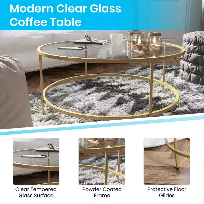 Table basse en verre Newbury Merrick Lane avec cadre rond doré mat et pieds verticaux