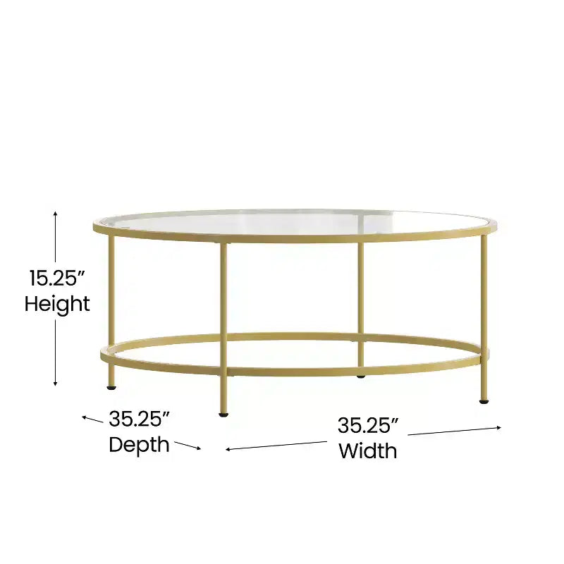 Table basse en verre Newbury Merrick Lane avec cadre rond doré mat et pieds verticaux