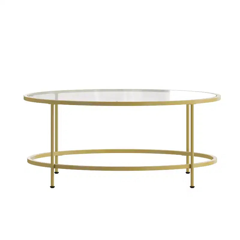 Table basse en verre Newbury Merrick Lane avec cadre rond doré mat et pieds verticaux