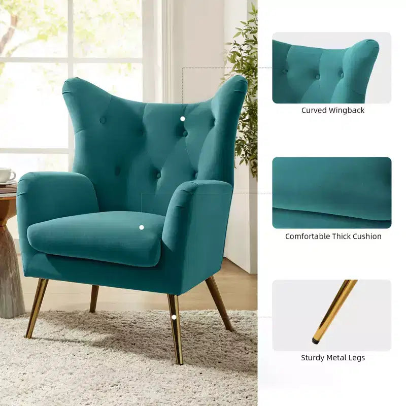 Fauteuil d'appoint rembourré moderne Godefroy en velours avec dossier ailé | Karat Home