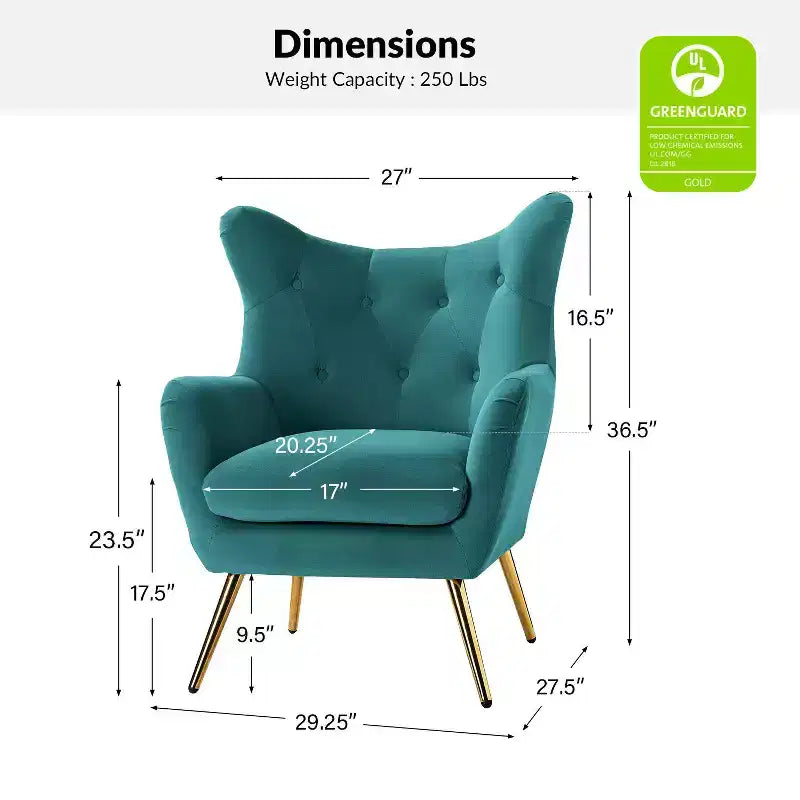 Fauteuil d'appoint rembourré moderne Godefroy en velours avec dossier ailé | Karat Home