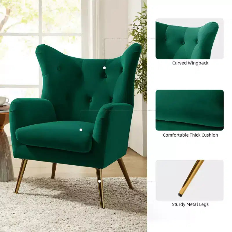 Fauteuil d'appoint rembourré moderne Godefroy en velours avec dossier ailé | Karat Home