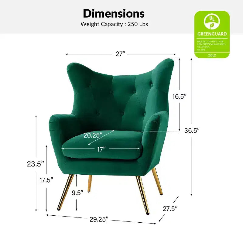 Fauteuil d'appoint rembourré moderne Godefroy en velours avec dossier ailé | Karat Home