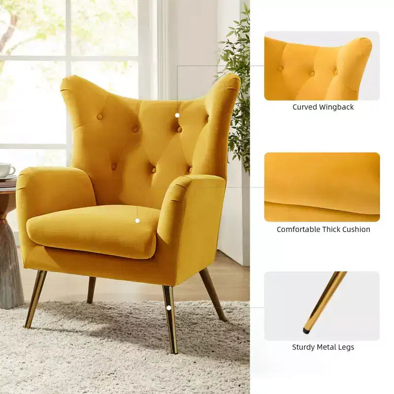 Fauteuil d'appoint rembourré moderne Godefroy en velours avec dossier ailé | Karat Home