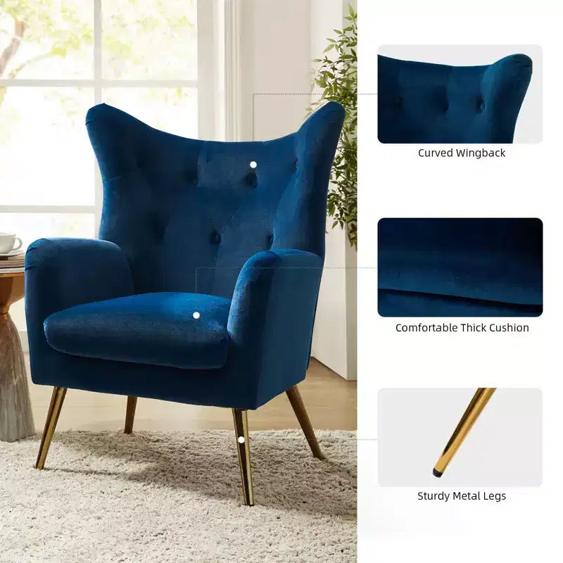 Fauteuil d'appoint rembourré moderne Godefroy en velours avec dossier ailé | Karat Home