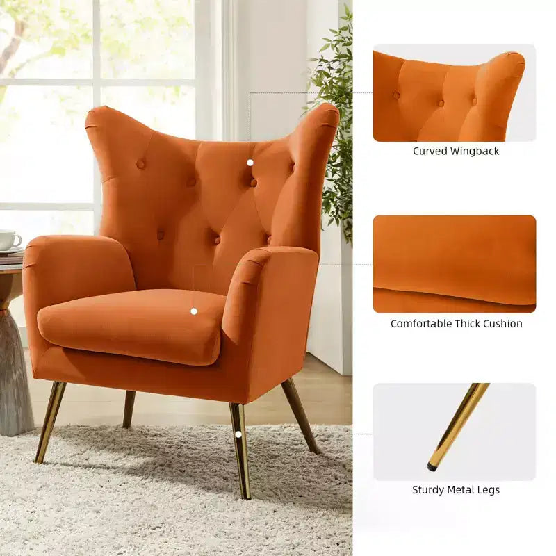 Fauteuil d'appoint rembourré moderne Godefroy en velours avec dossier ailé | Karat Home