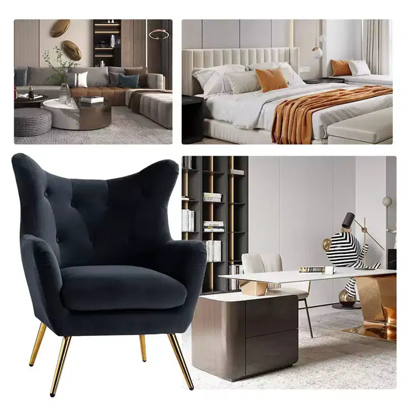 Fauteuil d'appoint rembourré moderne Godefroy en velours avec dossier ailé | Karat Home