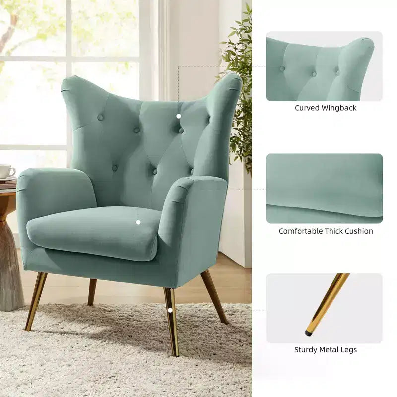 Fauteuil d'appoint rembourré moderne Godefroy en velours avec dossier ailé | Karat Home