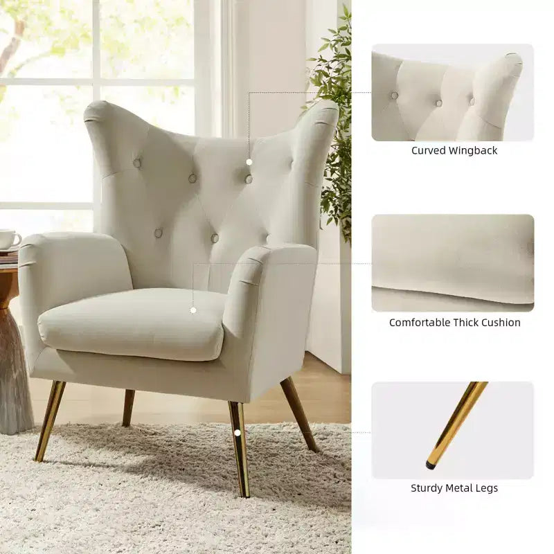 Fauteuil d'appoint rembourré moderne Godefroy en velours avec dossier ailé | Karat Home