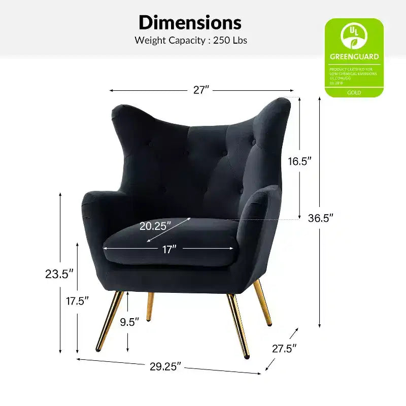 Fauteuil d'appoint rembourré moderne Godefroy en velours avec dossier ailé | Karat Home