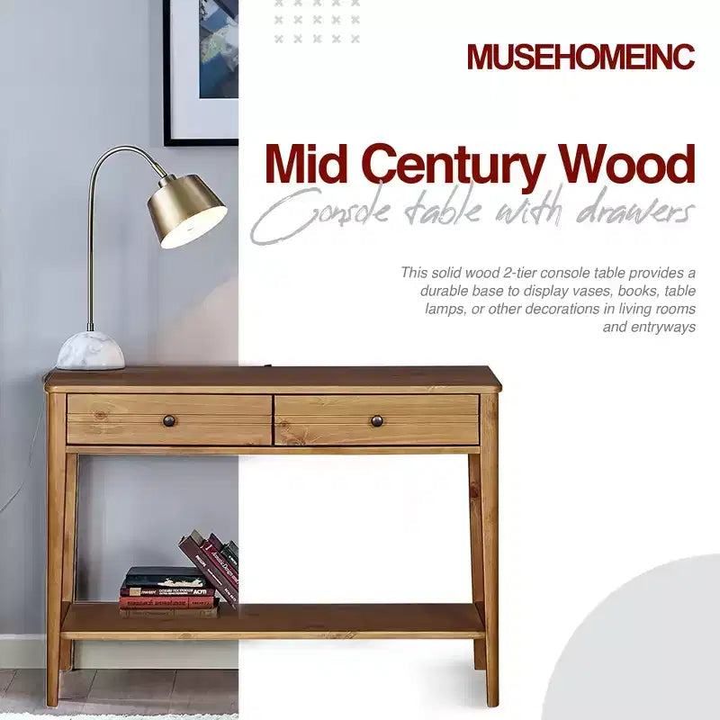 MUSEHOMEINC Table console d'entrée 2 niveaux en bois massif de style Mid-Century contemporain classique avec tiroirs de rangement, brun miel
