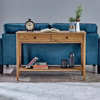 MUSEHOMEINC Table console d'entrée 2 niveaux en bois massif de style Mid-Century contemporain classique avec tiroirs de rangement, brun miel
