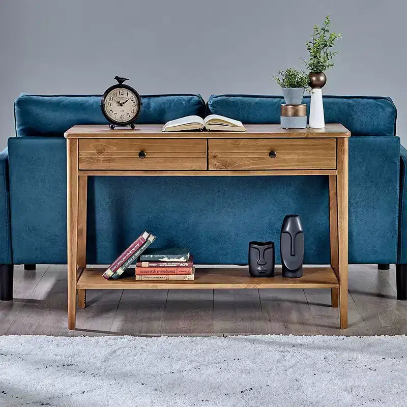 MUSEHOMEINC Table console d'entrée 2 niveaux en bois massif de style Mid-Century contemporain classique avec tiroirs de rangement, brun miel