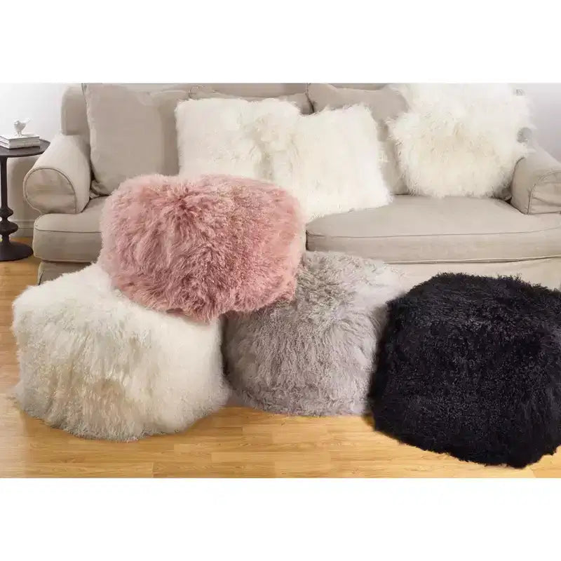 Saro Lifestyle Pouf carré ottoman en vraie fourrure d'agneau 100 % laine mongol