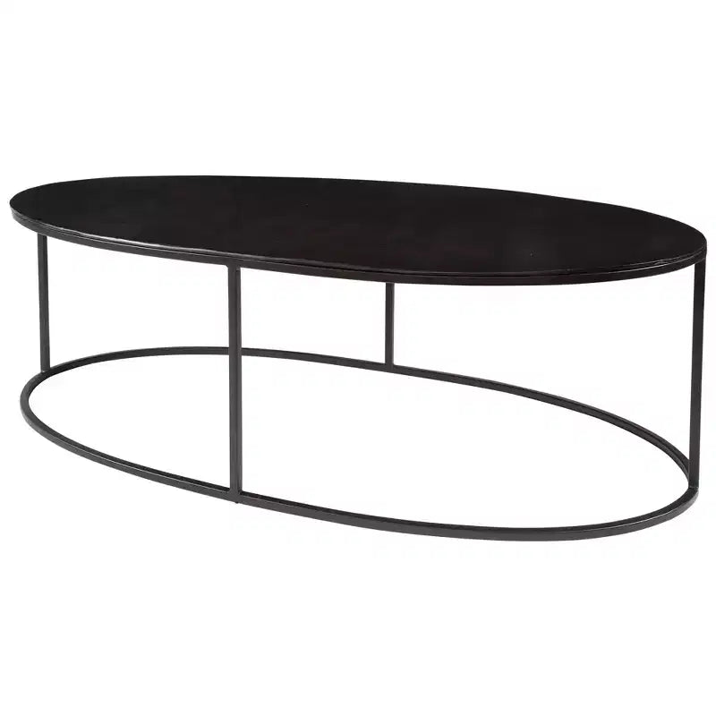 Table basse ovale industrielle moderne Uttermost en fer noir vieilli et aluminium, 122 x 61 cm, plateau antique plaqué, pour salon et chambre