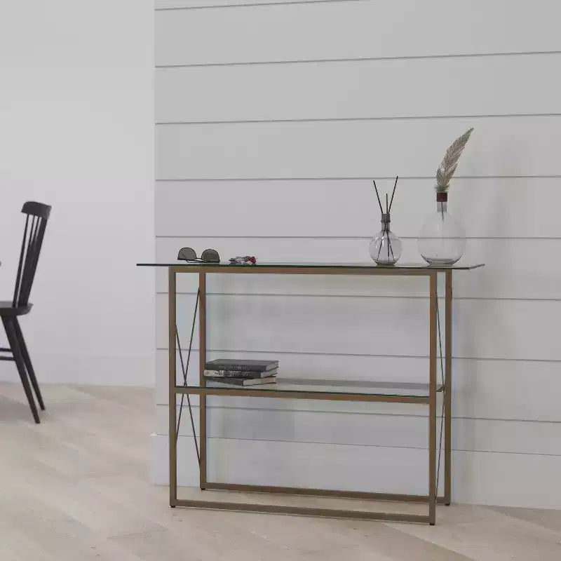 Merrick Lane Console Moderne Table Basse en Verre Clair avec Cadre Croisé Doré et 2 Étagères en Verre Trempé