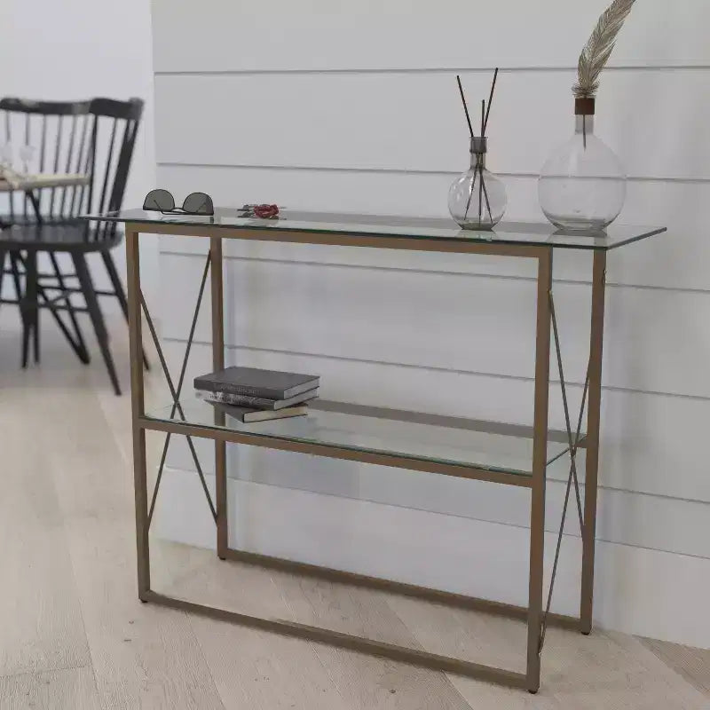 Merrick Lane Console Moderne Table Basse en Verre Clair avec Cadre Croisé Doré et 2 Étagères en Verre Trempé