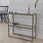 Merrick Lane Console Moderne Table Basse en Verre Clair avec Cadre Croisé Doré et 2 Étagères en Verre Trempé