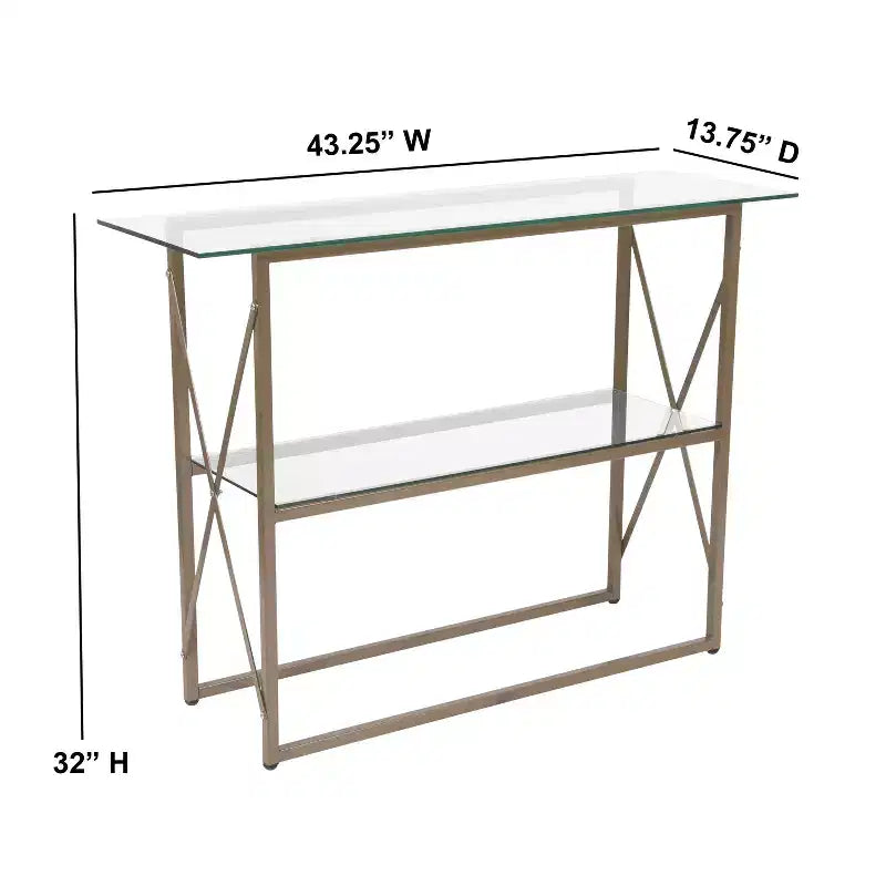 Merrick Lane Console Moderne Table Basse en Verre Clair avec Cadre Croisé Doré et 2 Étagères en Verre Trempé