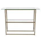 Merrick Lane Console Moderne Table Basse en Verre Clair avec Cadre Croisé Doré et 2 Étagères en Verre Trempé