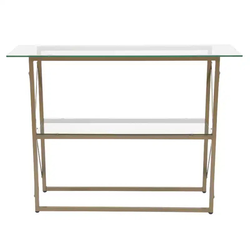 Merrick Lane Console Moderne Table Basse en Verre Clair avec Cadre Croisé Doré et 2 Étagères en Verre Trempé