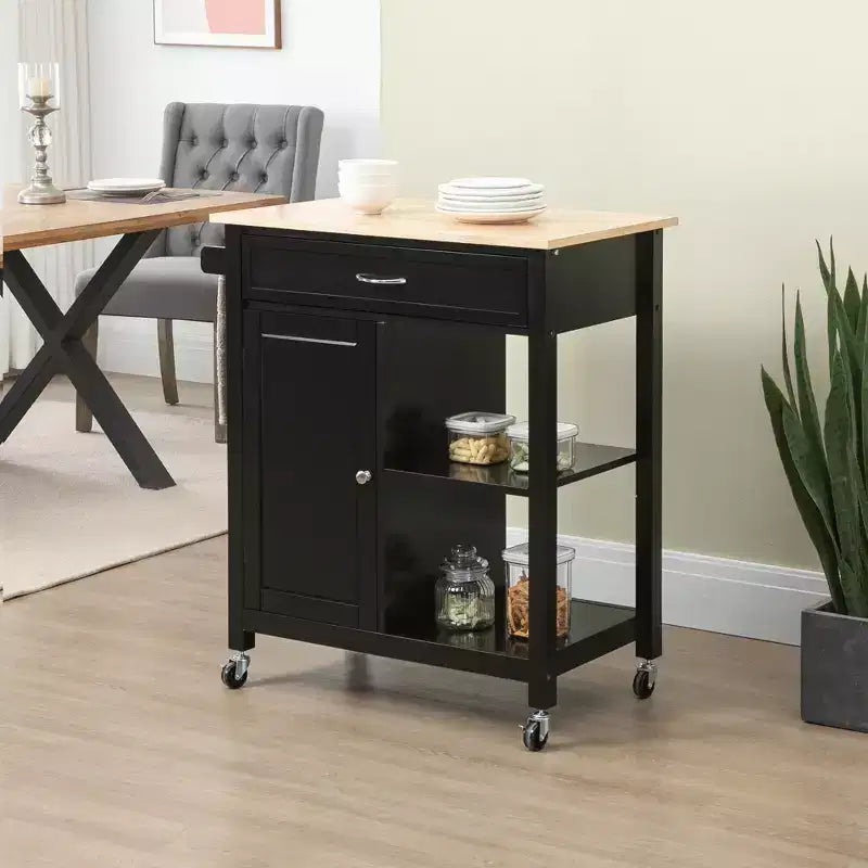 HOMCOM Desserte de cuisine roulante avec plateau en bois, îlot de cuisine avec tiroir de rangement sur roulettes pour salle à manger