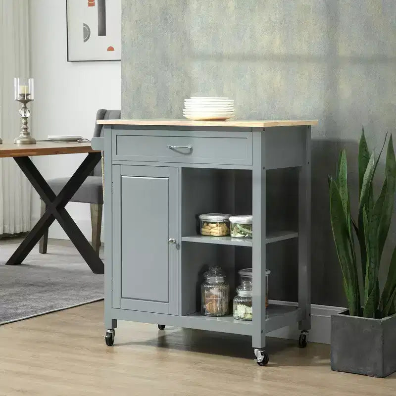 HOMCOM Desserte de cuisine roulante avec plateau en bois, îlot de cuisine avec tiroir de rangement sur roulettes pour salle à manger