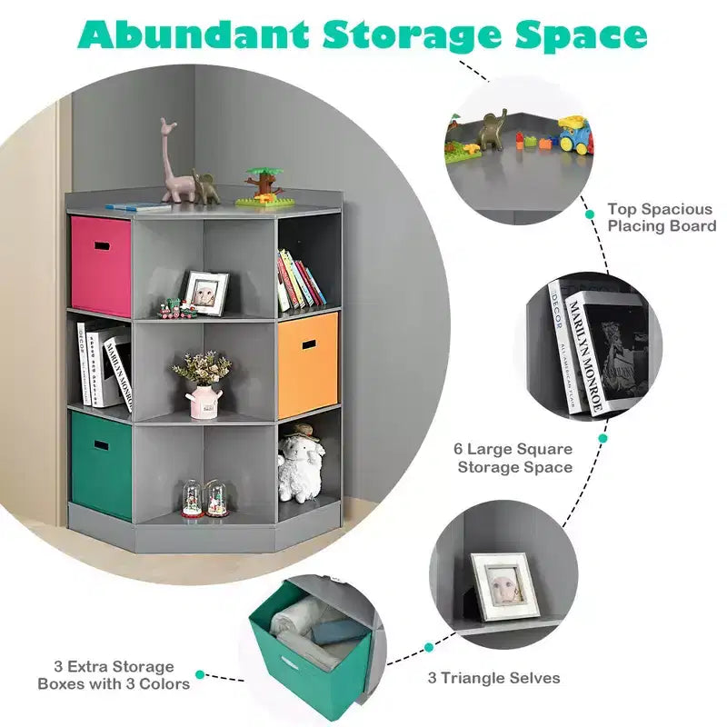 Costway Étagère de Rangement pour Enfants à 3 Niveaux avec 3 Paniers Meuble d'Angle Organisateur Gris