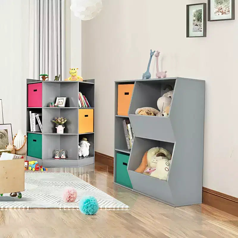 Costway Étagère de Rangement pour Enfants à 3 Niveaux avec 3 Paniers Meuble d'Angle Organisateur Gris