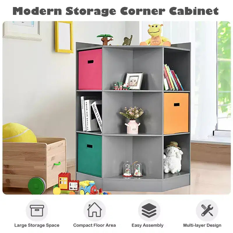 Costway Étagère de Rangement pour Enfants à 3 Niveaux avec 3 Paniers Meuble d'Angle Organisateur Gris