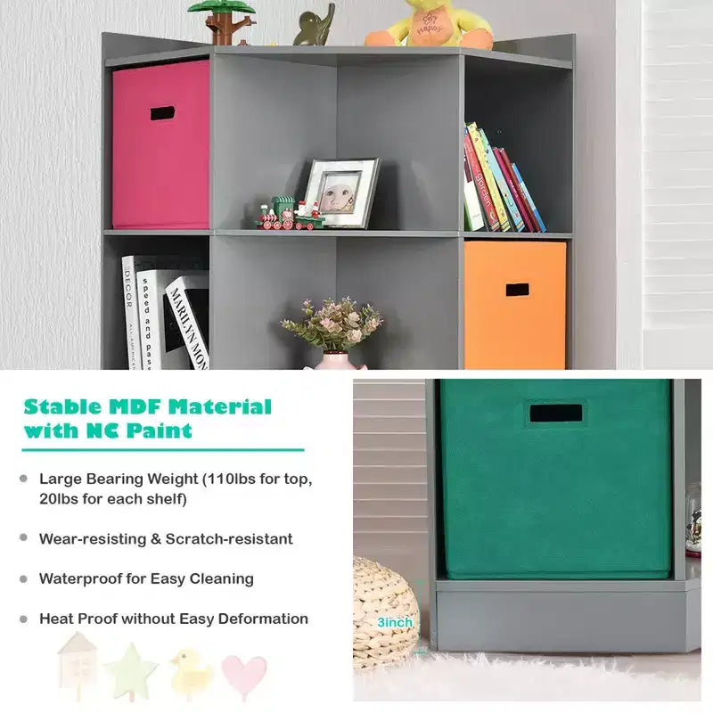 Costway Étagère de Rangement pour Enfants à 3 Niveaux avec 3 Paniers Meuble d'Angle Organisateur Gris