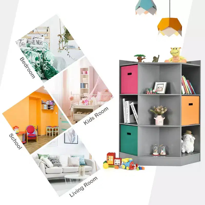 Costway Étagère de Rangement pour Enfants à 3 Niveaux avec 3 Paniers Meuble d'Angle Organisateur Gris
