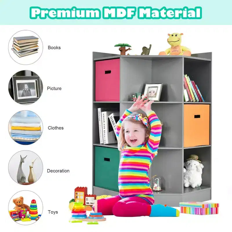 Costway Étagère de Rangement pour Enfants à 3 Niveaux avec 3 Paniers Meuble d'Angle Organisateur Gris