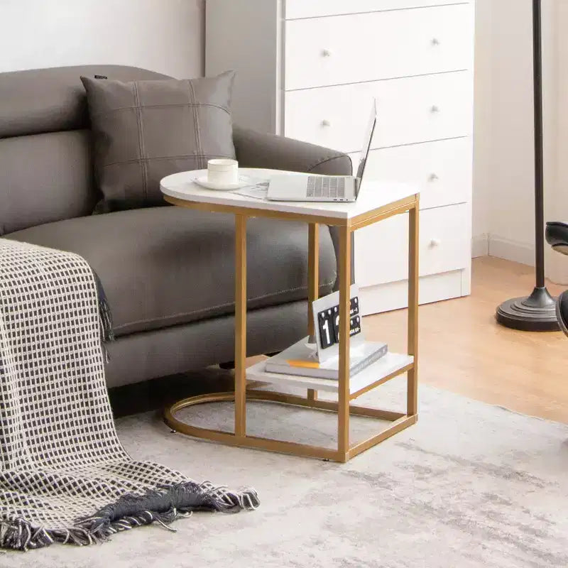 Table d'appoint en forme de C Costway, table d'appoint à 2 niveaux avec rangement, table de collation moderne et compacte