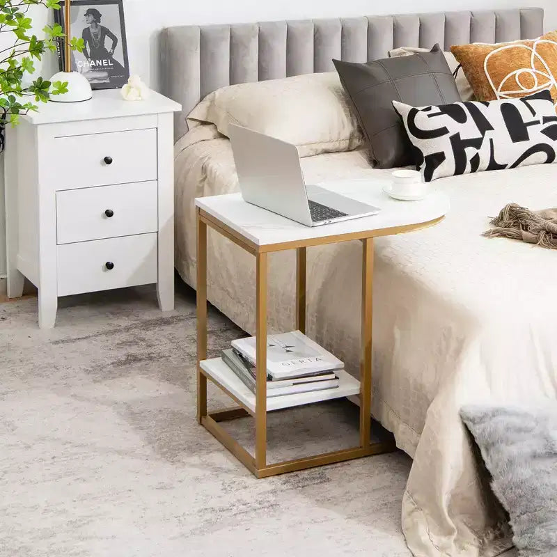 Table d'appoint en forme de C Costway, table d'appoint à 2 niveaux avec rangement, table de collation moderne et compacte