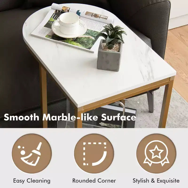 Table d'appoint en forme de C Costway, table d'appoint à 2 niveaux avec rangement, table de collation moderne et compacte