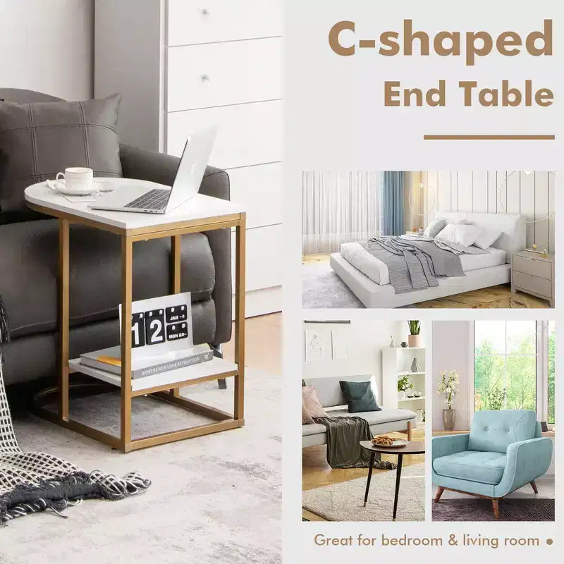 Table d'appoint en forme de C Costway, table d'appoint à 2 niveaux avec rangement, table de collation moderne et compacte